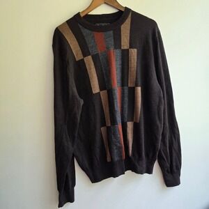 Vintage Mens XL Merino Wool Sweater Art Deco Brown Geometric Grandpa Core
